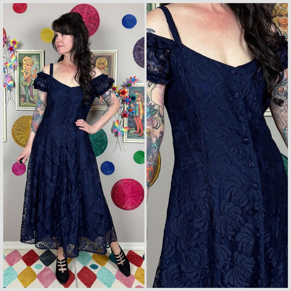Vintage 1990s Midnight Blue Lace Off The Shoulder Button Front Dress